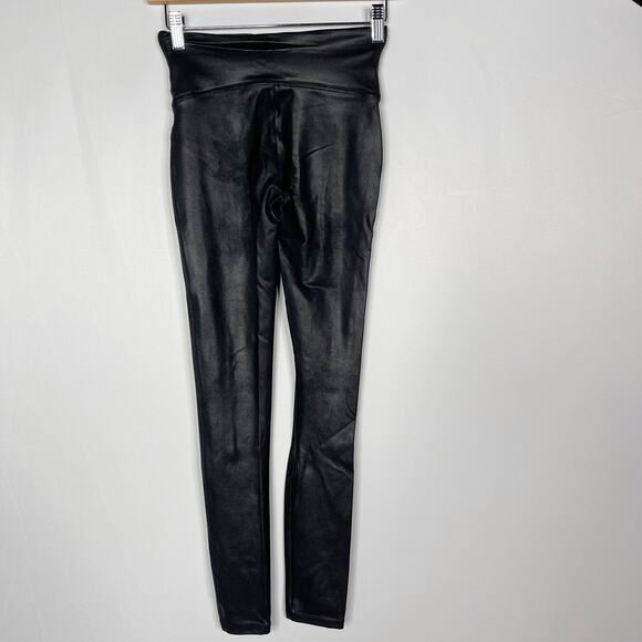 Spanx Womens Small S Black Faux Leather Leggings Nylon Dress Up Metallic - Picture 2 of 12